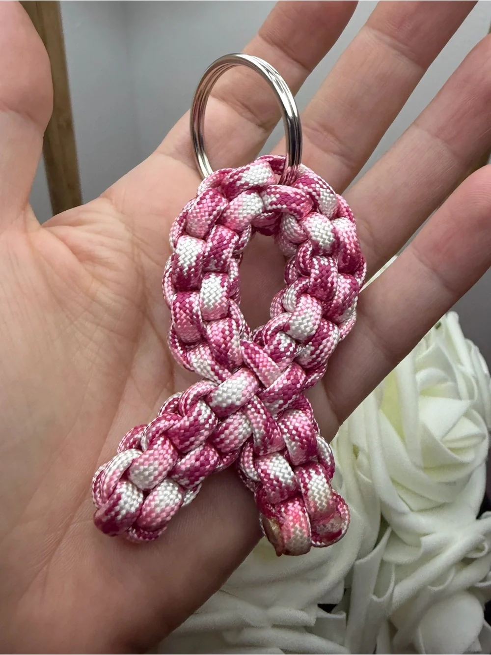 Pink & White Braided Paracord Ribbon Keychain